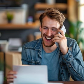 Happy young white man on their Cellphone trying to book an appointment
