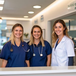 Show a happy Medical Centre three Staff members at the front desk