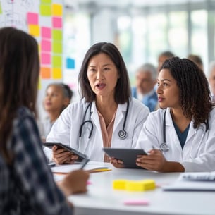 The image depicts a vibrant and inclusive healthcare setting in Canada, showcasing a diverse group of patients and healthcare professionals engaged in