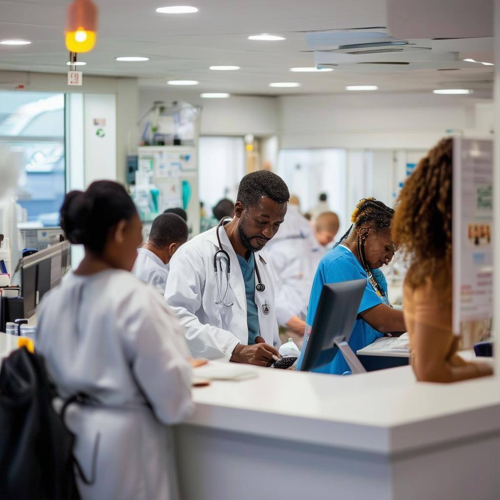 a busy medical Centre helping a some patients at the front desk